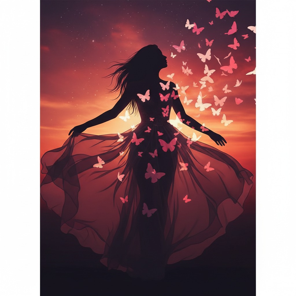 Silhouette d'une femme en robe longue entourée d'une nuée de papillons roses sur un fond de ciel au coucher du soleil.